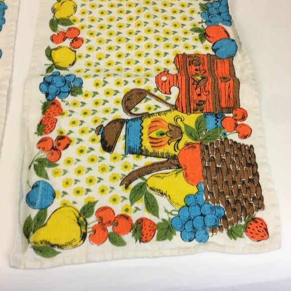 2 Vtg Retro Linen Cloth Fabric Rectangle Placemat Coffee Tea Fruit Flowers Theme - Picture 7 of 11